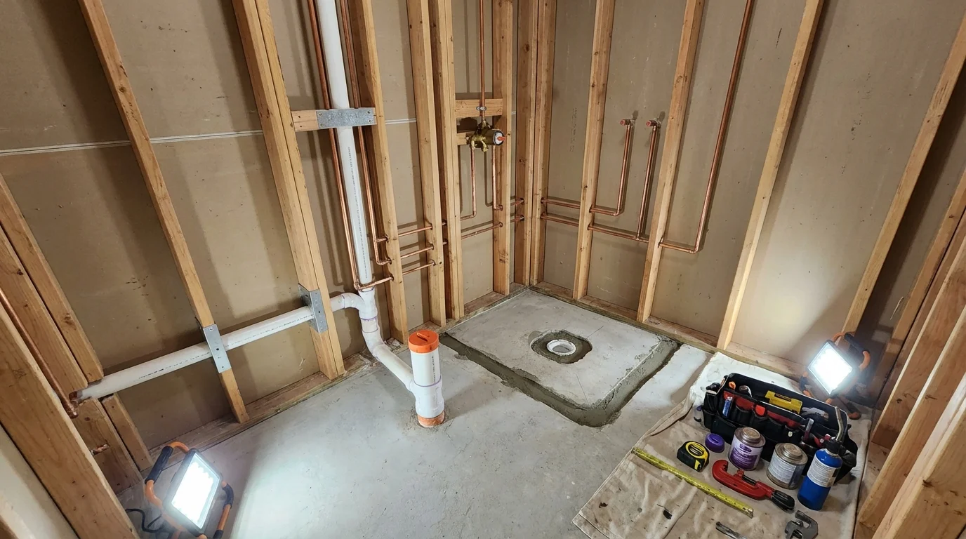 Bathroom rough-in plumbing during remodel by Johns Plumbing LLC in Milaca