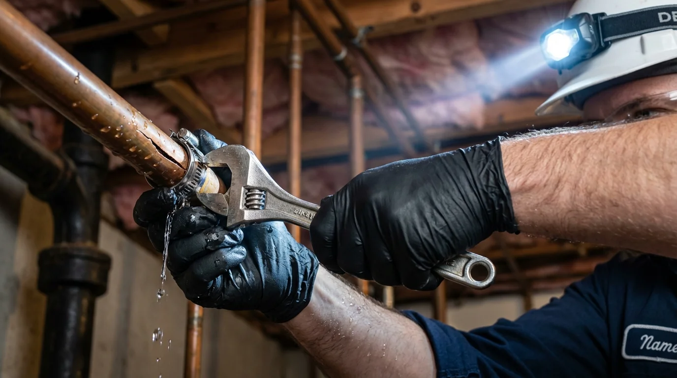 Emergency pipe clamp repair being performed by a Johns Plumbing LLC plumber in Milaca