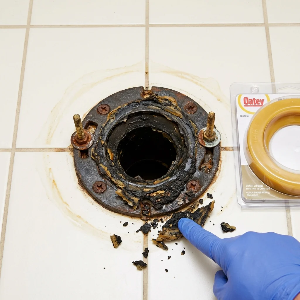Failed wax ring showing water seepage at the base of a toilet in a Milaca, MN home